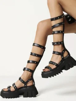 Women's Flatform Sandals Black Rivets PU Leather Gladiator Sandals