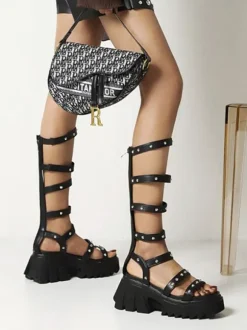 Women's Flatform Sandals Black Rivets PU Leather Gladiator Sandals