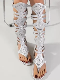 Women's Gladiator Sandals Silver Rivets Thong Flat Gladiator Sandals