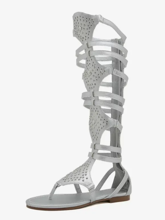 Women's Gladiator Sandals Silver Rivets Thong Flat Gladiator Sandals