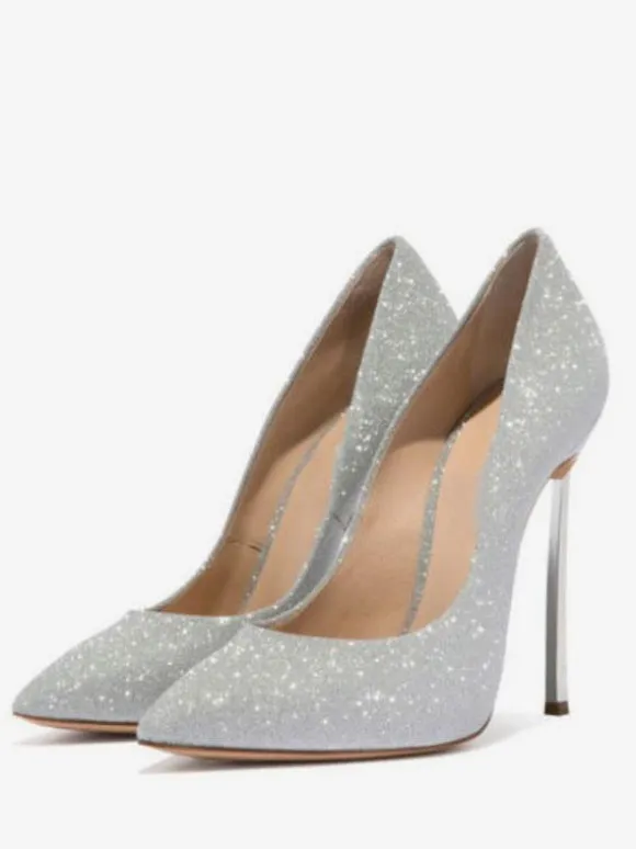 Women's Glitter High Heel Pumps Prom Shoes Silver Homecoming Shoes