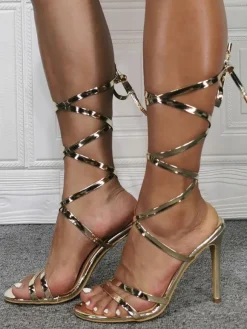 Womens Gold Strappy Heels Lace Up Stiletto Heel Homecoming Sandals Prom Shoes