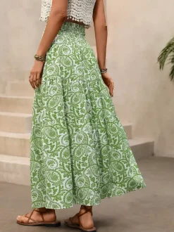 Women's Green Paisley Print High Low Maxi Skirt Smocked Waist Tiered Flowy Boho Summer Skirt With Tassel Tie