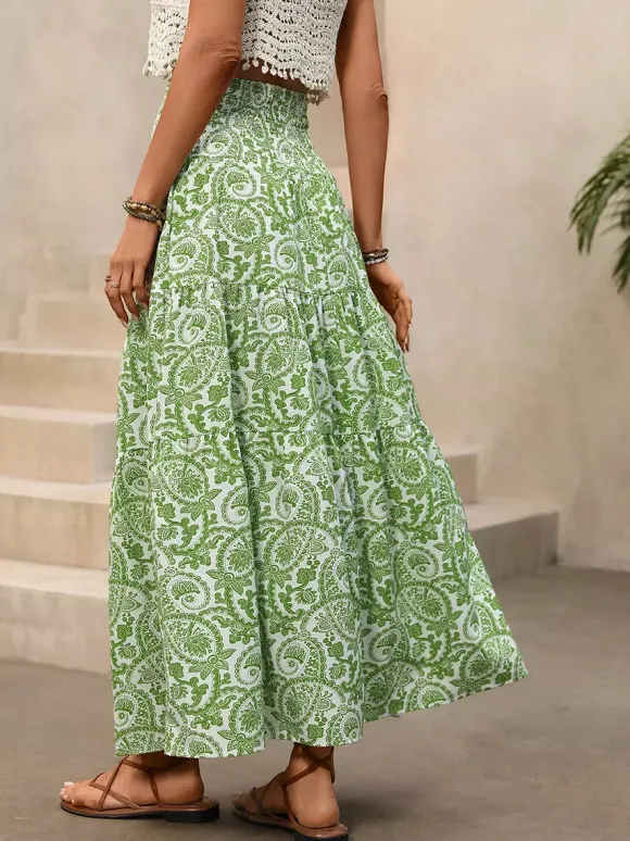 Women's Green Paisley Print High Low Maxi Skirt Smocked Waist Tiered Flowy Boho Summer Skirt With Tassel Tie