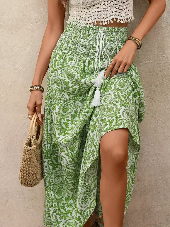 Women's Green Paisley Print High Low Maxi Skirt Smocked Waist Tiered Flowy Boho Summer Skirt With Tassel Tie