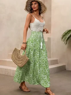 Women's Green Paisley Print High Low Maxi Skirt Smocked Waist Tiered Flowy Boho Summer Skirt With Tassel Tie