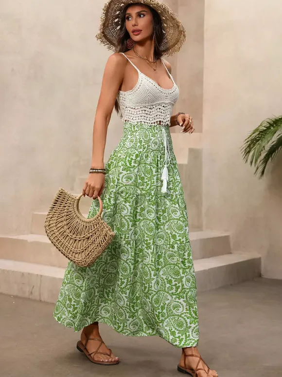 Women's Green Paisley Print High Low Maxi Skirt Smocked Waist Tiered Flowy Boho Summer Skirt With Tassel Tie
