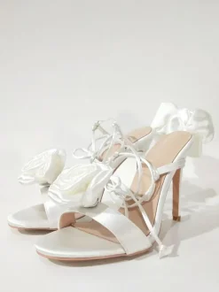 Women's Heeled Sandals Satin Flowers Detail Lace Up High Heel Party Shoes