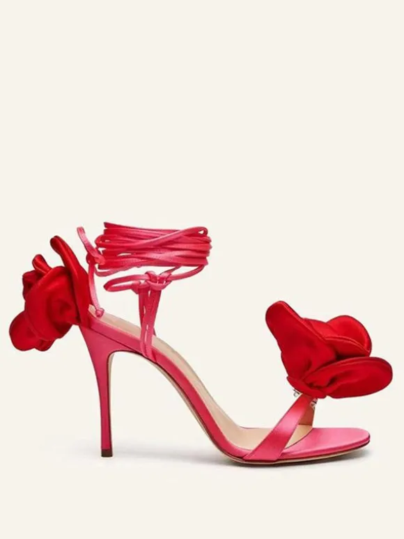 Women's Heeled Sandals Satin Flowers Detail Lace Up High Heel Party Shoes