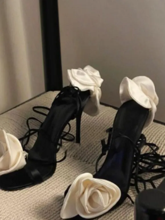 Women's Heeled Sandals Satin Flowers Detail Lace Up High Heel Party Shoes