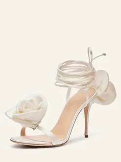 Women's Heeled Sandals Satin Flowers Detail Lace Up High Heel Party Shoes