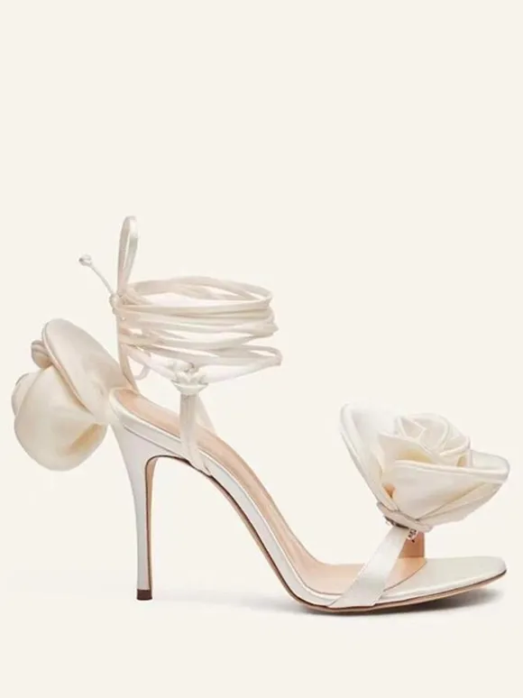 Women's Heeled Sandals Satin Flowers Detail Lace Up High Heel Party Shoes