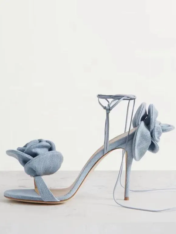 Women's Heeled Sandals Satin Flowers Detail Lace Up High Heel Party Shoes