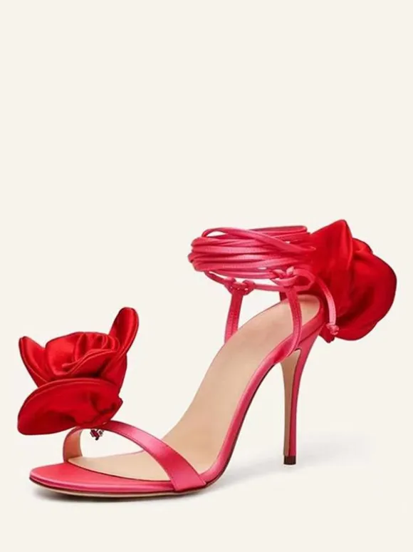 Women's Heeled Sandals Satin Flowers Detail Lace Up High Heel Party Shoes