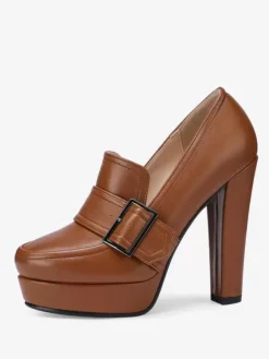 Women's High Heel Loafers Platform Buckle Chunky Heel Slip On Pumps