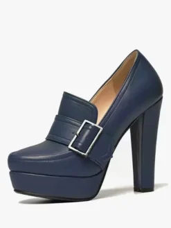 Women's High Heel Loafers Platform Buckle Chunky Heel Slip On Pumps