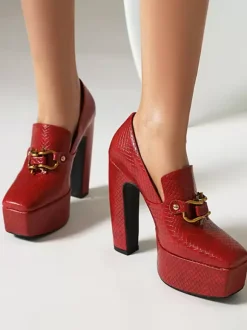 Women's High Heel Loafers Platform Metal Details Pumps