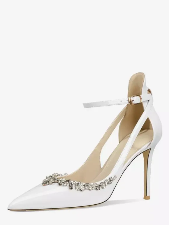 Women's High Heel Pumps Pointed Toe Rhinestones Cut Out Ankle Strap Prom Shoes