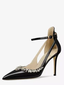 Women's High Heel Pumps Pointed Toe Rhinestones Cut Out Ankle Strap Prom Shoes