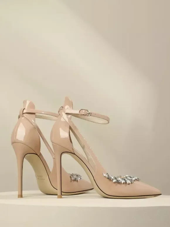 Women's High Heel Pumps Pointed Toe Rhinestones Cut Out Ankle Strap Prom Shoes