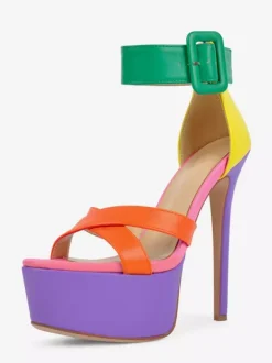 Women's High Heel Sandals Colorful Platform Open Toe Buckle Detail Ankle Strap Sandals