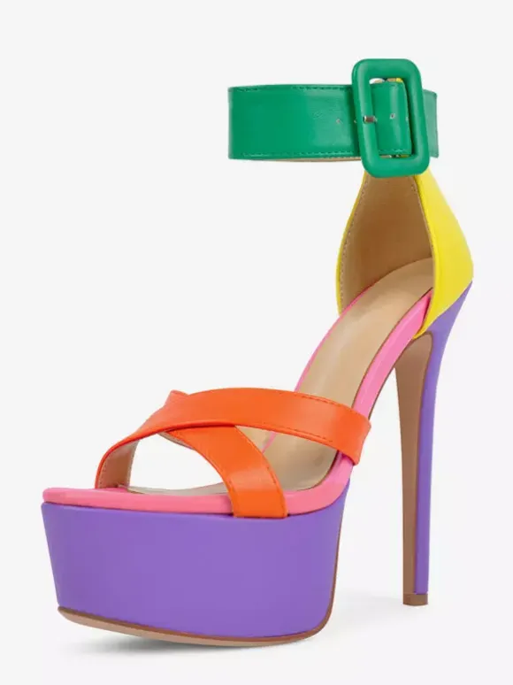 Women's High Heel Sandals Colorful Platform Open Toe Buckle Detail Ankle Strap Sandals