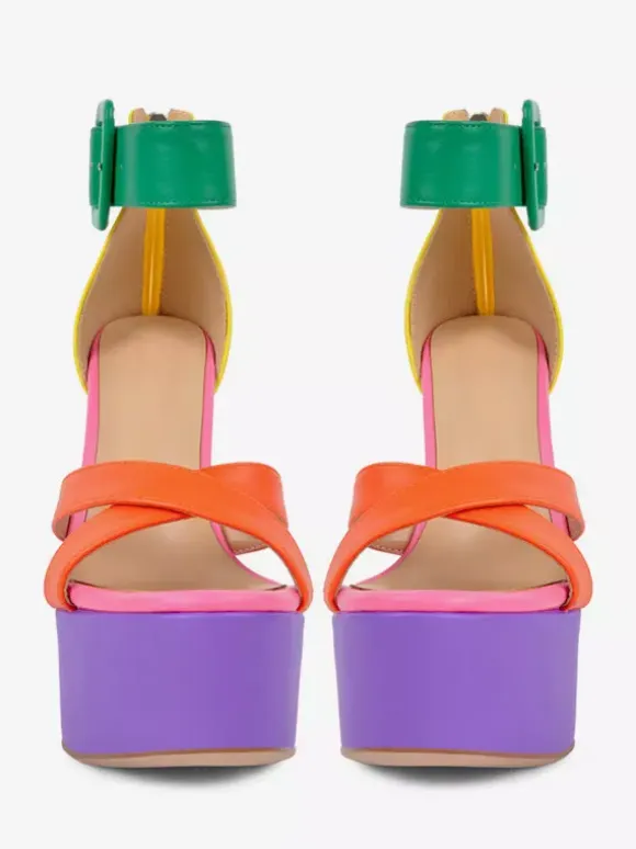 Women's High Heel Sandals Colorful Platform Open Toe Buckle Detail Ankle Strap Sandals