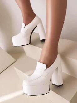 Women's High Heels Classic Pumps Round Toe Platform Chunky Heel Penny Loafers