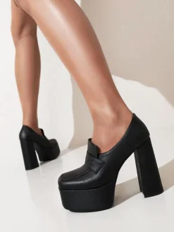 Women's High Heels Classic Pumps Round Toe Platform Chunky Heel Penny Loafers