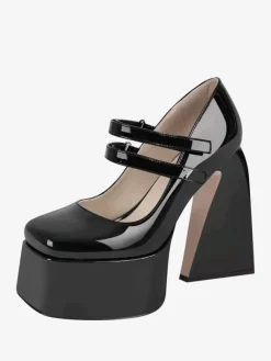 Women's High Heels Slip-On Buckle Pumps Chic Square Toe Chunky Heel PU Leather