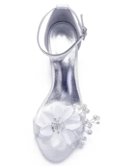 Women's Jeweled Flower Bridal Shoes Ankle Strap Block Heel Sandals