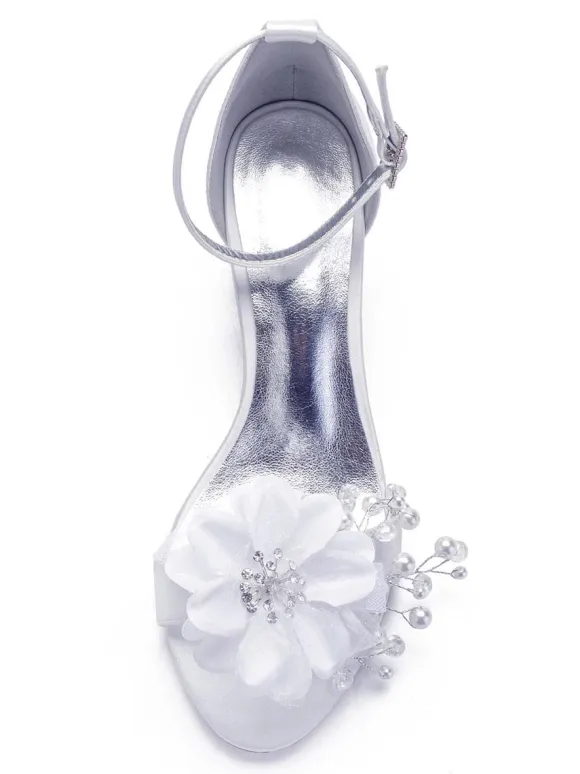 Women's Jeweled Flower Bridal Shoes Ankle Strap Block Heel Sandals