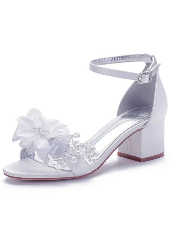 Women's Jeweled Flower Bridal Shoes Ankle Strap Block Heel Sandals
