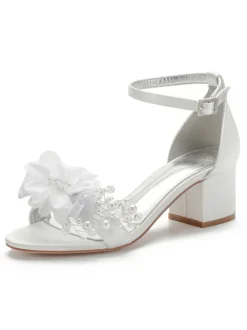 Women's Jeweled Flower Bridal Shoes Ankle Strap Block Heel Sandals