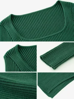 Women's Knitted Dress Beautiful Acrylic Long Sleeves Low-slit Square Neck