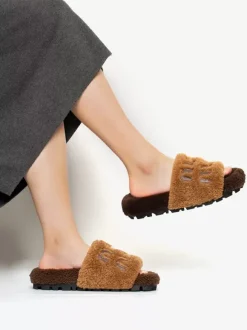 Women's Knitting Wool Winter Slides Flat Open Toe Slide