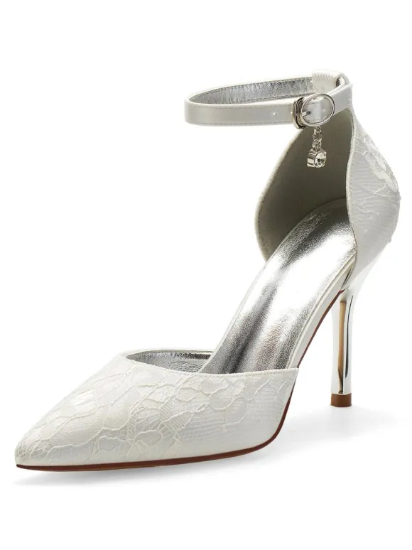 Women's Lace Ankle Strap Heeled Wedding Pumps
