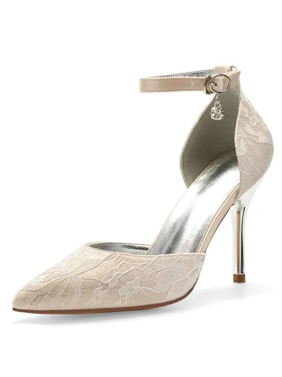 Women's Lace Ankle Strap Heeled Wedding Pumps