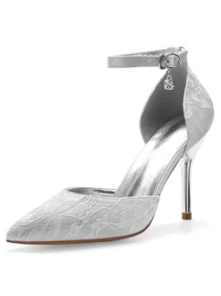 Women's Lace Ankle Strap Heeled Wedding Pumps