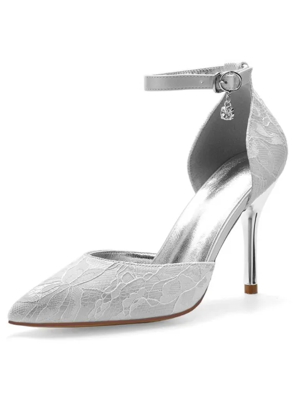 Women's Lace Ankle Strap Heeled Wedding Pumps