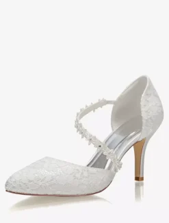 Women's Lace Flower Strap Heeled Bridal Pumps