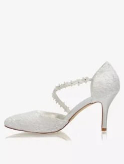 Women's Lace Flower Strap Heeled Bridal Pumps