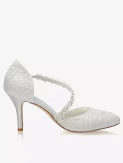 Women's Lace Flower Strap Heeled Bridal Pumps