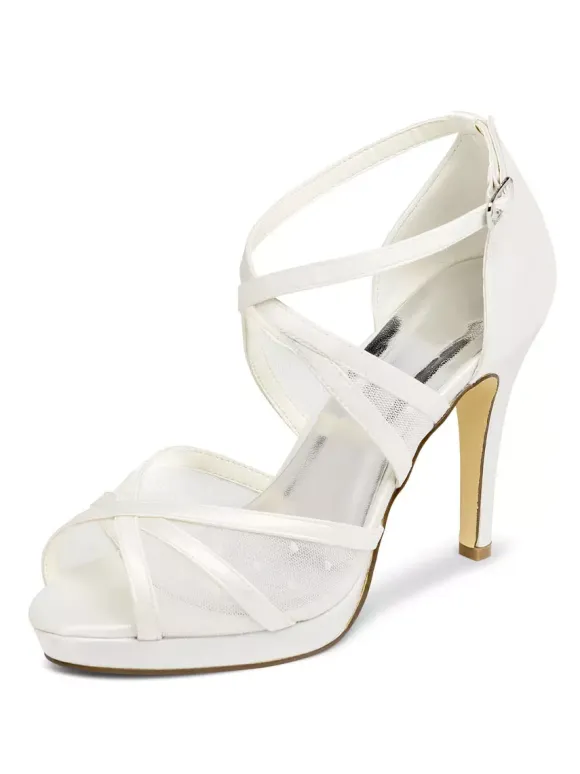 Women's Lace Strappy Platform Bridal Heels Stiletto Heel Criss Cross Viantage Wedding Shoes