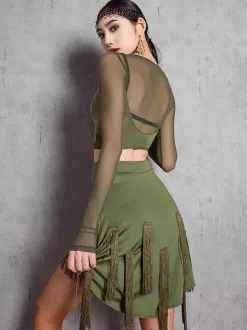 Womens Latin Dance 2-piece Transparent Long Sleeves Tops And Tassels Skirt Ballroom Salsa Tango Skirt