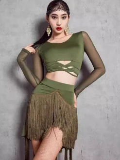 Womens Latin Dance 2-piece Transparent Long Sleeves Tops And Tassels Skirt Ballroom Salsa Tango Skirt