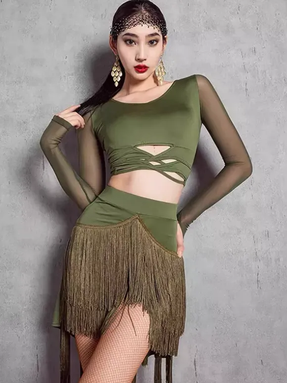 Womens Latin Dance 2-piece Transparent Long Sleeves Tops And Tassels Skirt Ballroom Salsa Tango Skirt