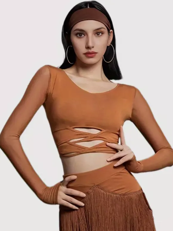 Womens Latin Dance 2-piece Transparent Long Sleeves Tops And Tassels Skirt Ballroom Salsa Tango Skirt