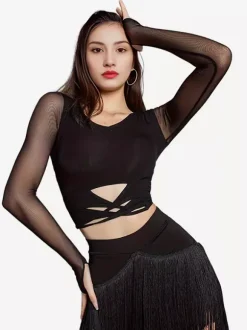 Womens Latin Dance 2-piece Transparent Long Sleeves Tops And Tassels Skirt Ballroom Salsa Tango Skirt