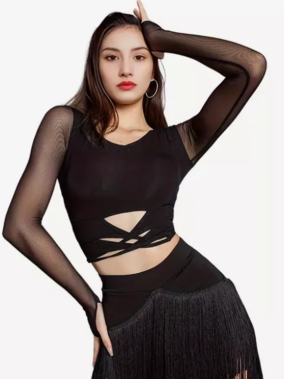Womens Latin Dance 2-piece Transparent Long Sleeves Tops And Tassels Skirt Ballroom Salsa Tango Skirt